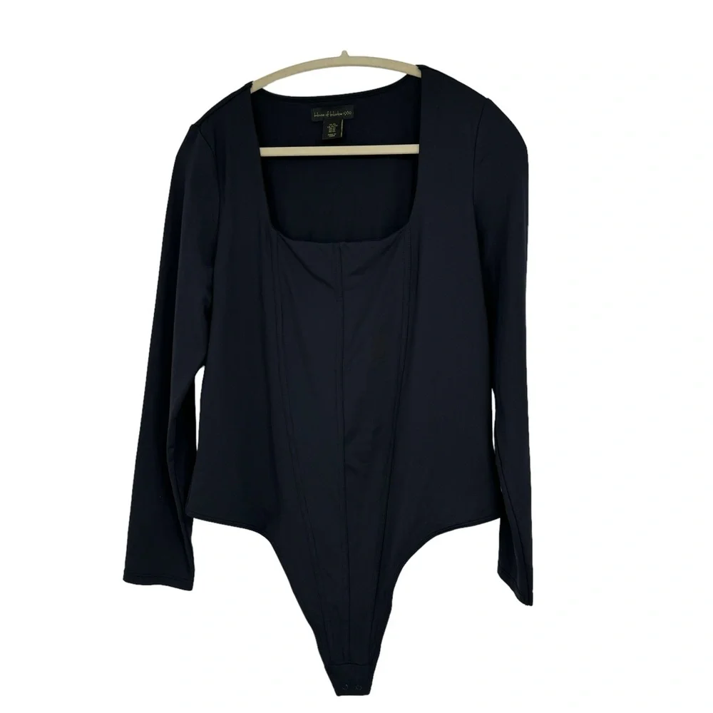 *House of Harlow 1960 Size XL Black Nylon/Elastane Square Neck Thong Bodysuit